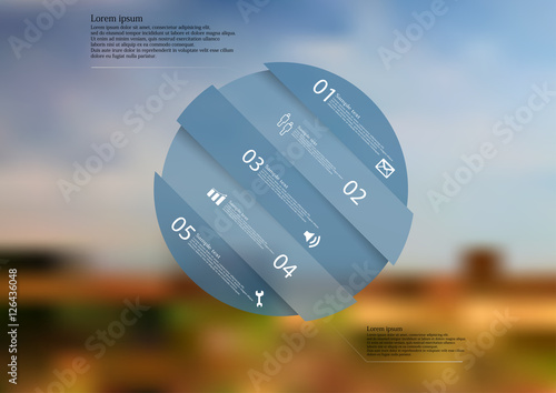 Illustration infographic template with shape of askew divided circle on blurred background