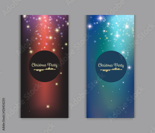 Vector flyer Christmas invitation. Sparkles, star dust, light, many shiny elements design. Beautiful card template in trendy warm and cold colors.