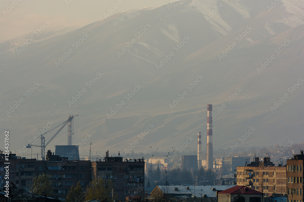 Amazing misty landscape with silhouettes, Armenia