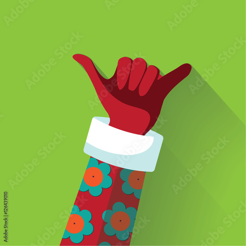 
Santa Claus giving the Hang loose hand sign for Christmas in his aloha shirt. EPS 10 vector.