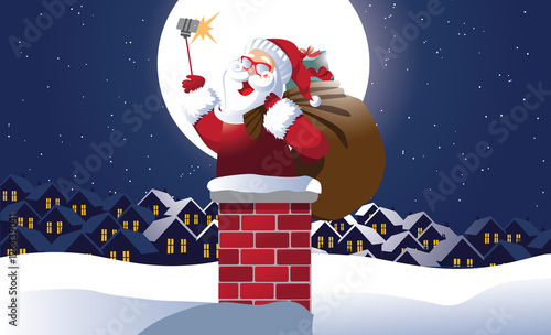 Santa Claus taking a Christmas selfie as he's about to go down the chimney to deliver Christmas gifts. EPS 10 vector.