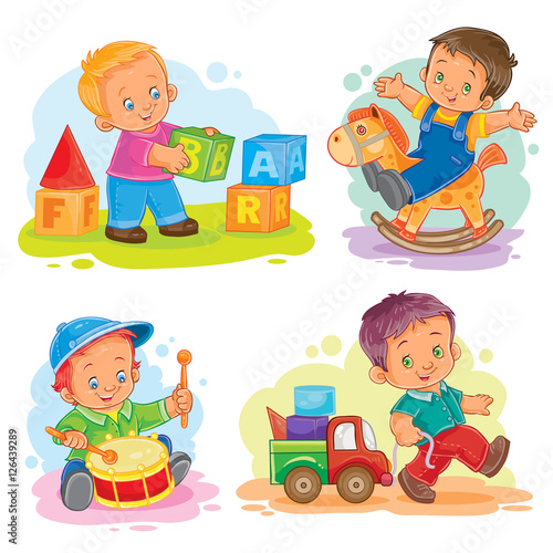 Set of vector icons little boy playing with toys