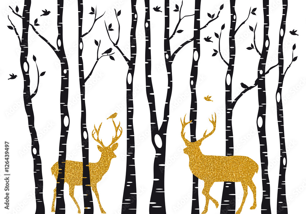 Obraz premium Birch trees with gold Christmas reindeer, vector