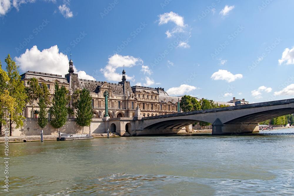 PARIS, FRANCE, april 25. Carousel Bridge (pont du Carrousel).  Join the Quai Malaquais with the Louvre Museum and the Place du Carrousel. View from the river Seine