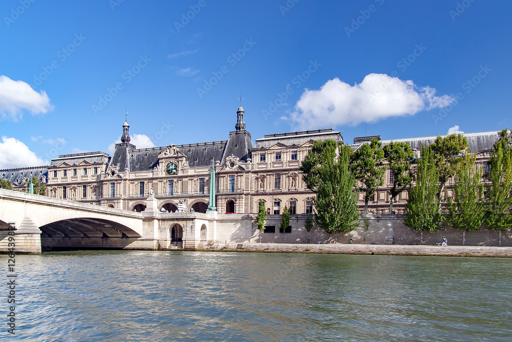PARIS, FRANCE, april 25. Carousel Bridge (pont du Carrousel).  Join the Quai Malaquais with the Louvre Museum and the Place du Carrousel. View from the river Seine