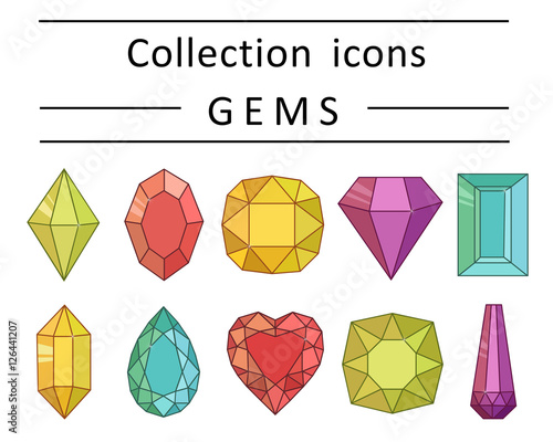 Colored gemstones icons of various shapes and colors.