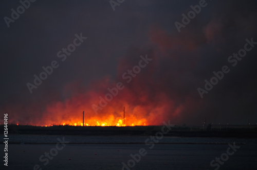 A large fire in a field near the water