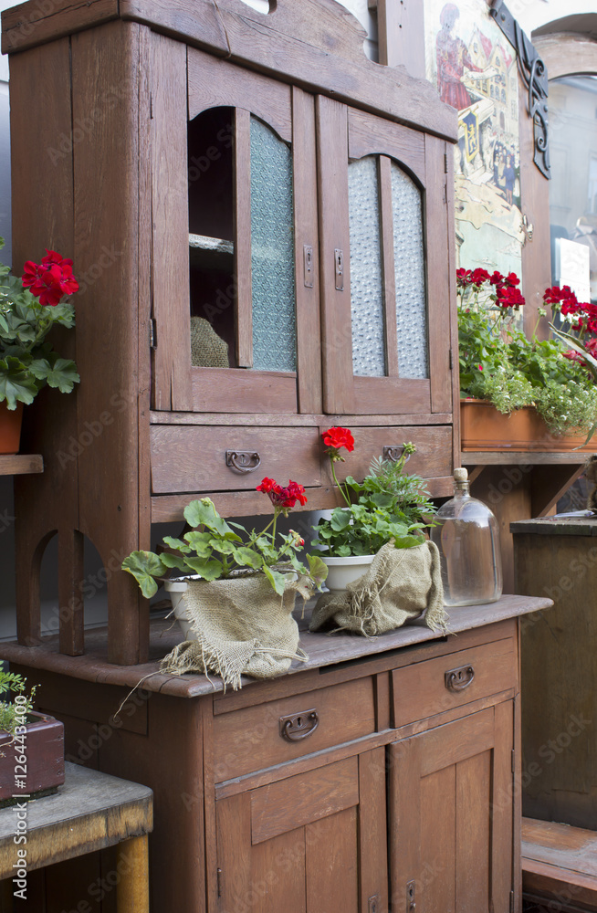 pelargonia flowers on a vintage cupboard
