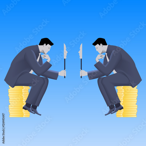 Negotiations of masks business concept. Two confident businessmen in business suit talking and both are holding masks covering their true intentions. Talk, conversation, deception vector.