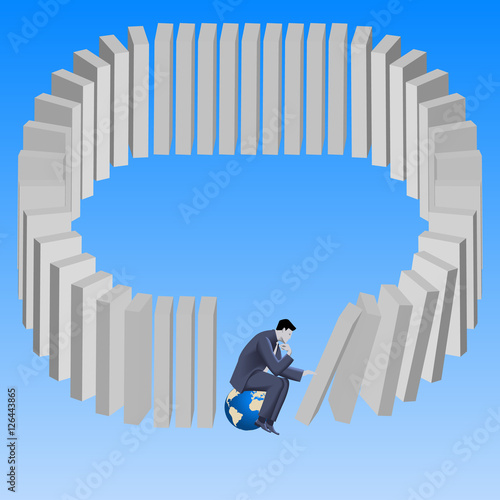 Wrong strategy business concept. Pensive businessman sitting on top of earth and pushing domino without noticing that last domino will fall on him. Predictability problem, chain of consequences.