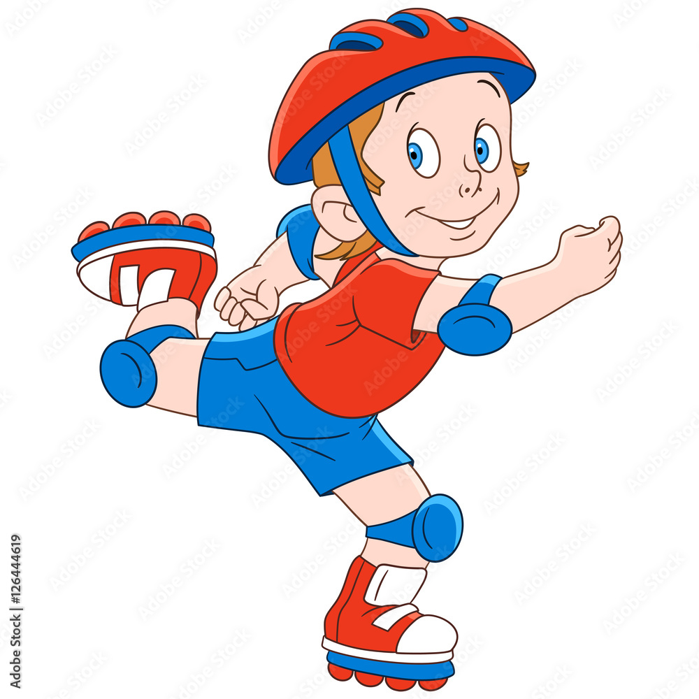 Cute and happy cartoon boy roller skating, isolated on white background. Childish vector