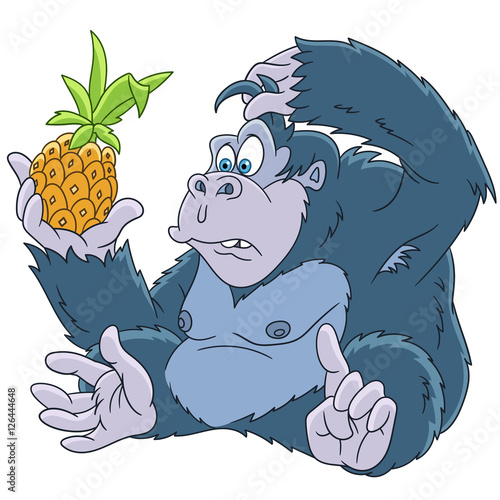 Cute and funny cartoon gorilla with pineapple, isolated on white background. Childish vector illustration and colorful book page for kids.