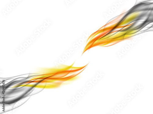 Abstract background with blue smoke absorbing broken orange flames, tearing flames, fiery smoke, vector illustration
