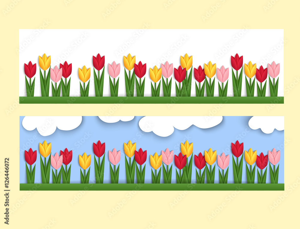 Horizontal banner with paper tulips. Spring web banner decorated with colorful origami tulips. Vector
