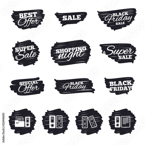 Ink brush sale stripes and banners. Accounting icons. Document storage in folders sign symbols. Black friday. Ink stroke. Vector