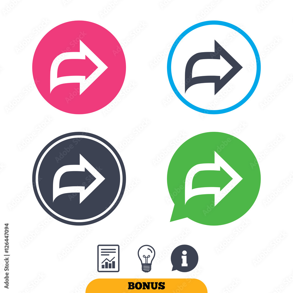 Arrow sign icon. Next button. Navigation symbol. Report document, information sign and light bulb icons. Vector Arrow sign icon. Next button. Navigation symbol. Report document, information sign and light bulb icons. Vector