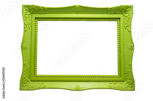 Picture frame green wood frame in white background.