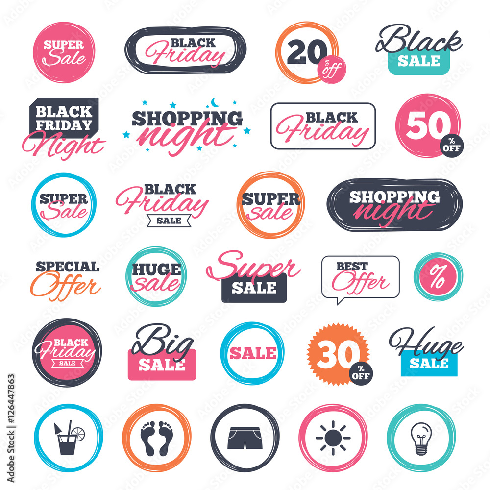 Sale shopping stickers and banners. Beach holidays icons. Cocktail, human footprints and swimming trunks signs. Summer sun symbol. Website badges. Black friday. Vector