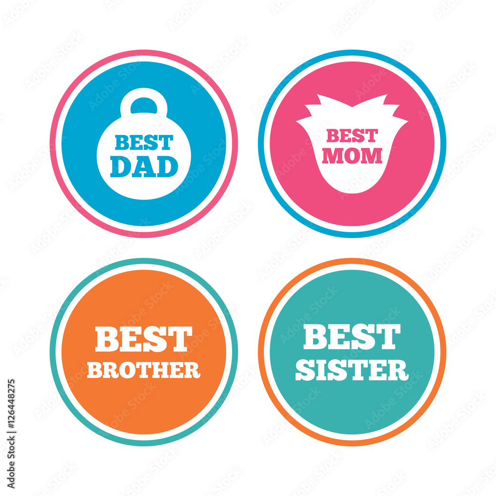 Best mom and dad, brother and sister icons. Weight and flower signs. Award symbols. Colored circle buttons. Vector
