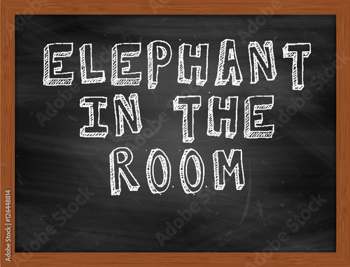 ELEPHANT IN THE ROOM handwritten text on black chalkboard