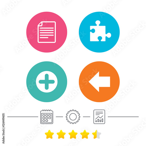 Plus add circle and puzzle piece icons. Document file and back arrow sign symbols. Calendar, cogwheel and report linear icons. Star vote ranking. Vector © blankstock