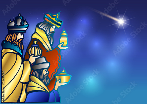 Stylized Biblical Christmas etude: three Wise Men are visiting the new King of Jerusalem Jesus Christ after His birth.