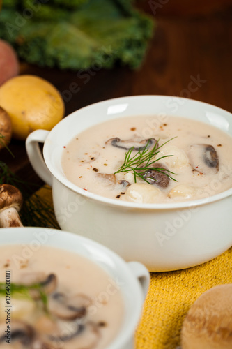 Cream of Mushroom Potato Soup. Selective focus.