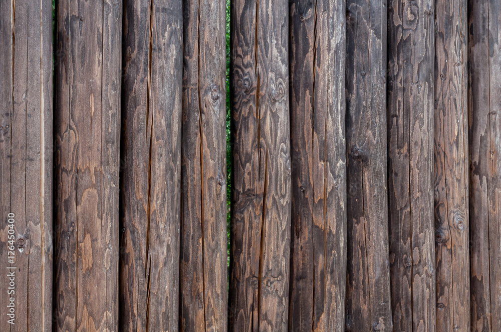 A fence made of upright standing pine logs A fence made of upright standing pine logs