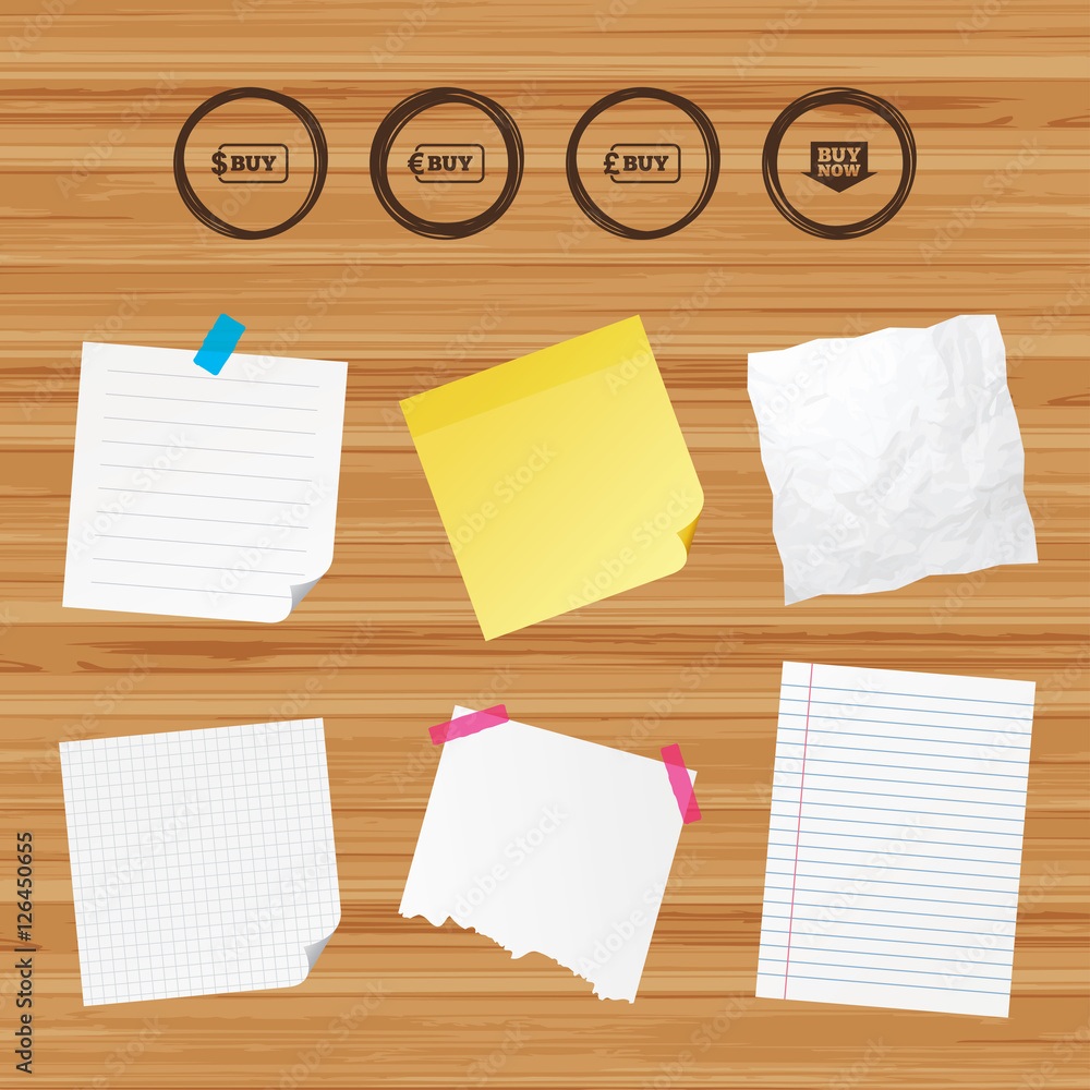 Business paper banners with notes. Buy now arrow icon. Online shopping signs. Dollar, euro and pound money currency symbols. Sticky colorful tape. Vector Business paper banners with notes. Buy now arrow icon. Online shopping signs. Dollar, euro and pound money currency symbols. Sticky colorful tape. Vector