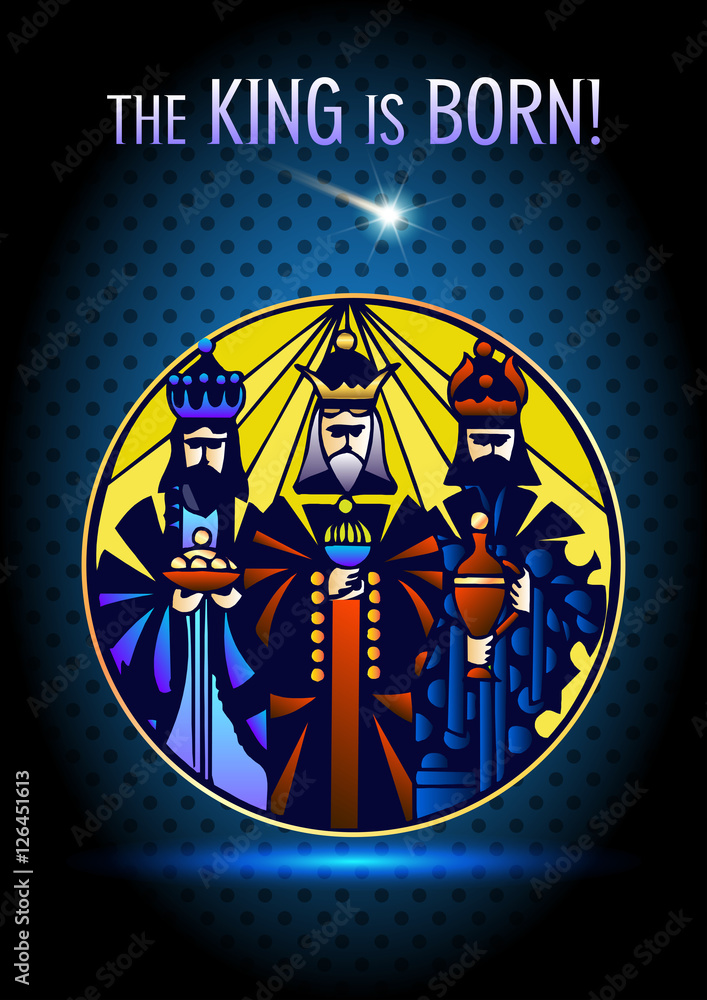 Fototapeta premium Stylized Biblical Christmas etude: three Wise Men are visiting the new King of Jerusalem Jesus Christ after His birth.