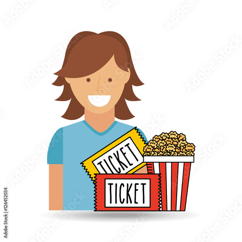 cheerful girl cinema icon pop corn ticket design vector illustraion eps 10