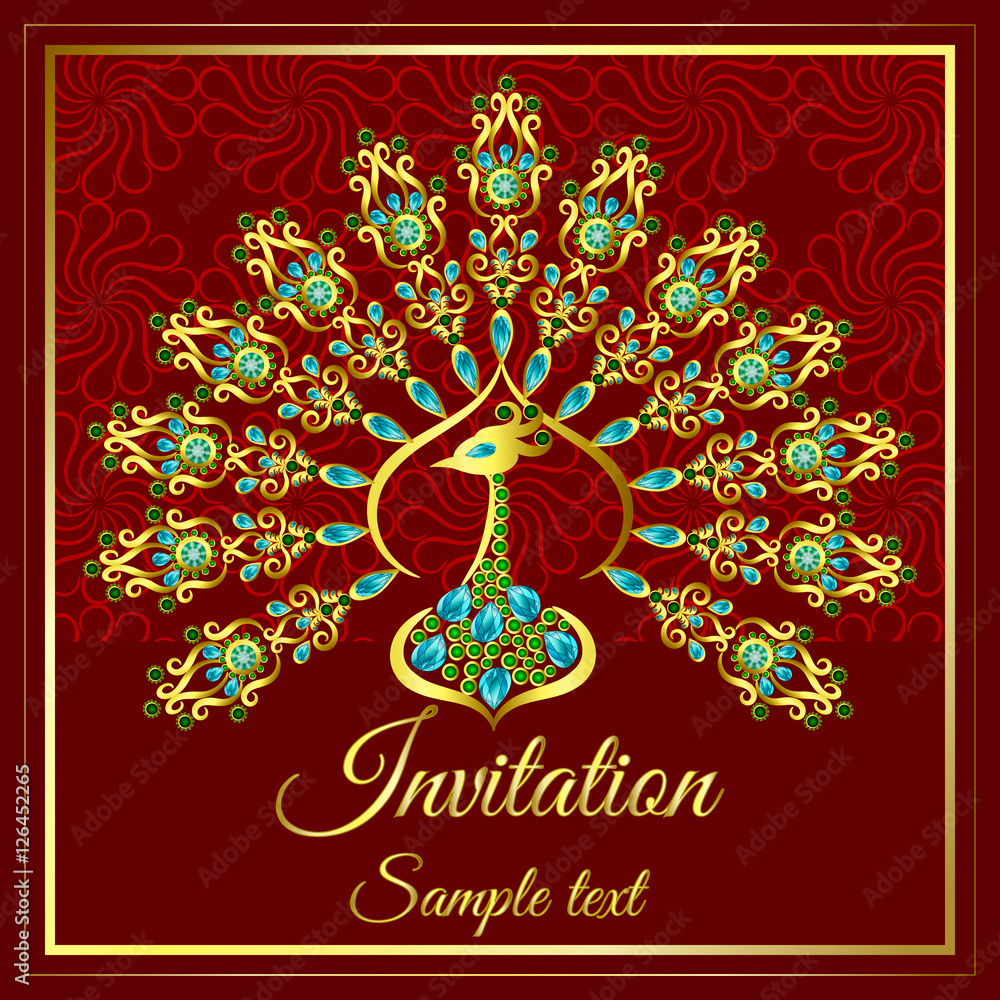 Wedding invitation or card with abstract background. Islam, Arabic, Indian,  decoration with peacock in gold and jewels Stock Vector | Adobe Stock