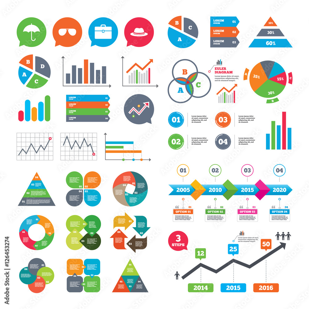 Business charts. Growth graph. Clothing accessories icons. Umbrella and sunglasses signs. Headdress hat with business case symbols. Market report presentation. Vector