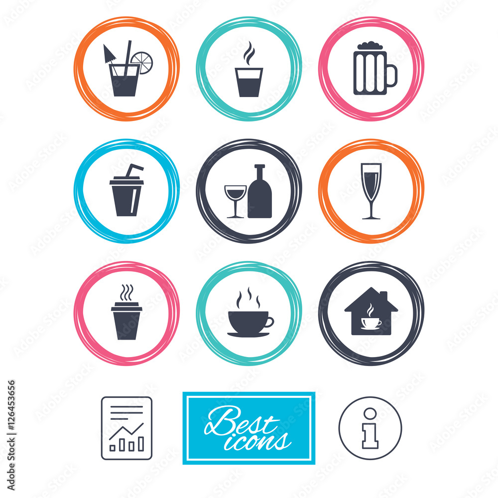 Tea, coffee and beer icons. Beer, wine and cocktail signs. Take away drinks. Report document, information icons. Vector Tea, coffee and beer icons. Beer, wine and cocktail signs. Take away drinks. Report document, information icons. Vector
