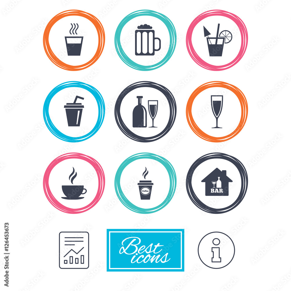 Cocktail, beer icons. Coffee and tea drinks. Soft and alcohol drinks symbols. Report document, information icons. Vector Cocktail, beer icons. Coffee and tea drinks. Soft and alcohol drinks symbols. Report document, information icons. Vector