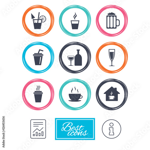 Tea, coffee and beer icons. Beer, wine and cocktail signs. Take away drinks. Report document, information icons. Vector