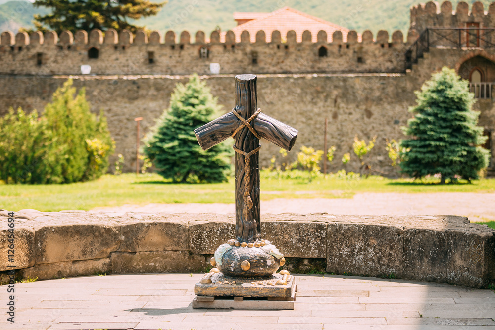 Mtskheta Georgia. Stone Cross Of St. Nina At Churchyard Of Sveti