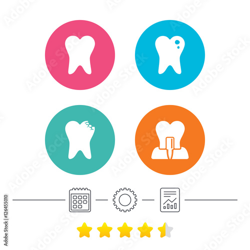 Dental care icons. Caries tooth sign. Tooth endosseous implant symbol. Calendar, cogwheel and report linear icons. Star vote ranking. Vector