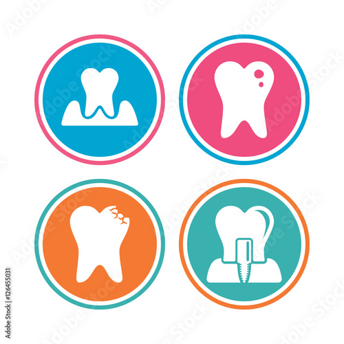 Dental care icons. Caries tooth sign. Tooth endosseous implant symbol. Parodontosis gingivitis sign. Colored circle buttons. Vector