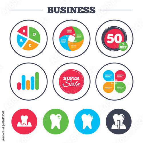 Business pie chart. Growth graph. Dental care icons. Caries tooth sign. Tooth endosseous implant symbol. Parodontosis gingivitis sign. Super sale and discount buttons. Vector