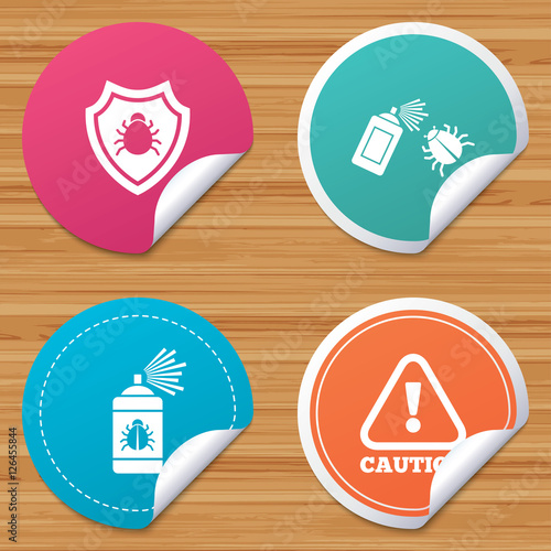 Round stickers or website banners. Bug disinfection icons. Caution attention and shield symbols. Insect fumigation spray sign. Circle badges with bended corner. Vector