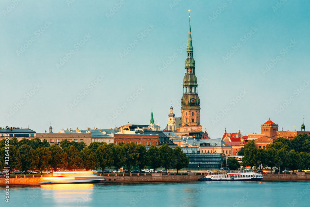 Riga Latvia. View Of Daugava River Embankment, Old Town, Tower O