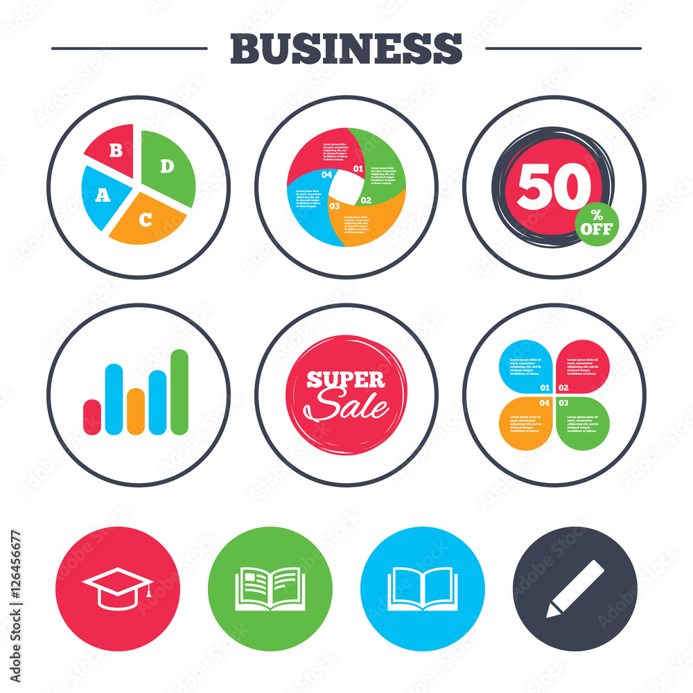Business pie chart. Growth graph. Pencil and open book icons. Graduation cap  symbol. Higher education learn signs. Super sale and discount buttons.  Vector Stock Vector | Adobe Stock