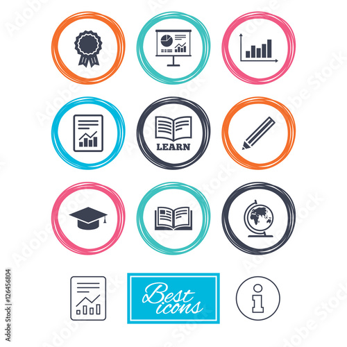 Education and study icon. Presentation signs. Report, analysis and award medal symbols. Report document, information icons. Vector
