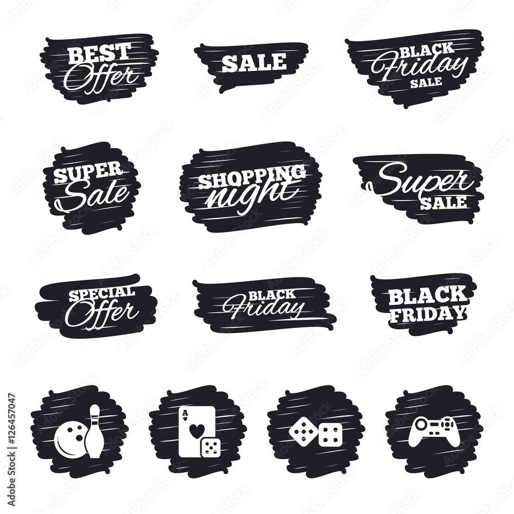 Ink brush sale stripes and banners. Bowling and Casino icons. Video game joystick and playing card with dice symbols. Entertainment signs. Black friday. Ink stroke. Vector