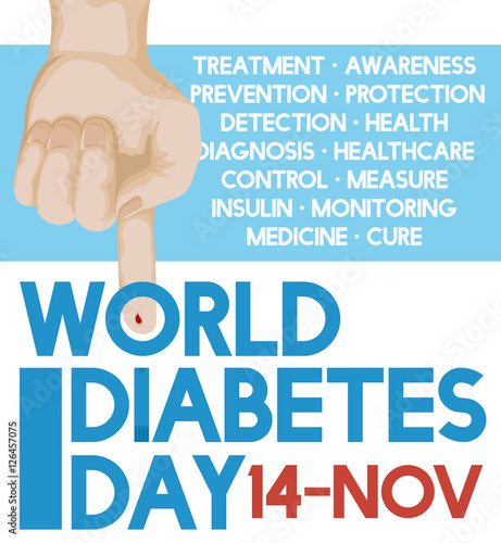 Hand Measuring Glucose Levels with Precepts of World Diabetes Day, Vector Illustration