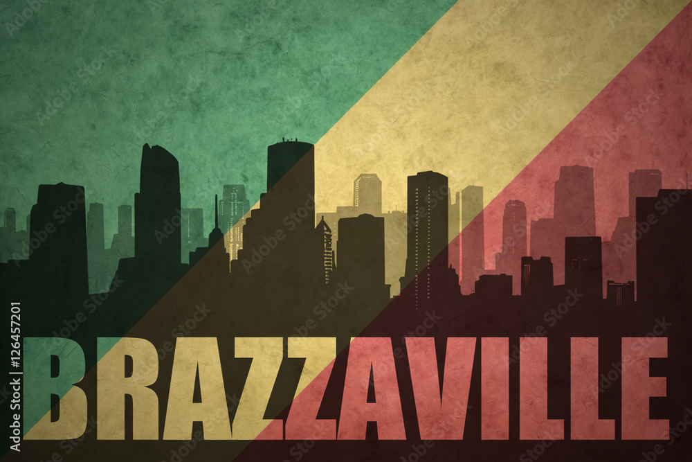 abstract silhouette of the city with text Brazzaville at the vintage congolese flag