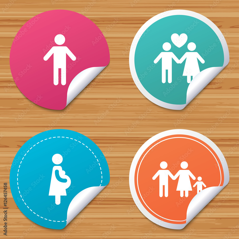 Round stickers or website banners. Family lifetime icons. Couple love, pregnancy and birth of a child symbols. Human male person sign. Circle badges with bended corner. Vector Round stickers or website banners. Family lifetime icons. Couple love, pregnancy and birth of a child symbols. Human male person sign. Circle badges with bended corner. Vector