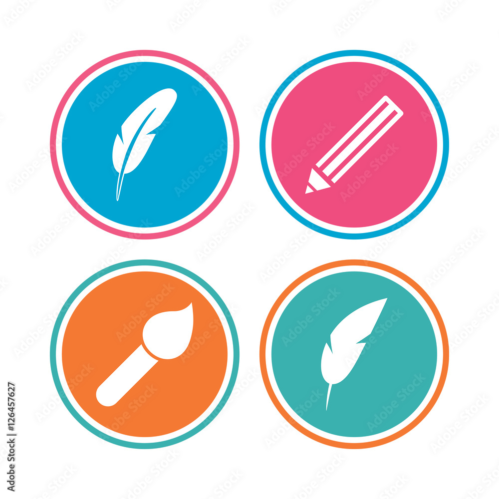 Feather retro pen icons. Paint brush and pencil symbols. Artist tools signs. Colored circle buttons. Vector Feather retro pen icons. Paint brush and pencil symbols. Artist tools signs. Colored circle buttons. Vector