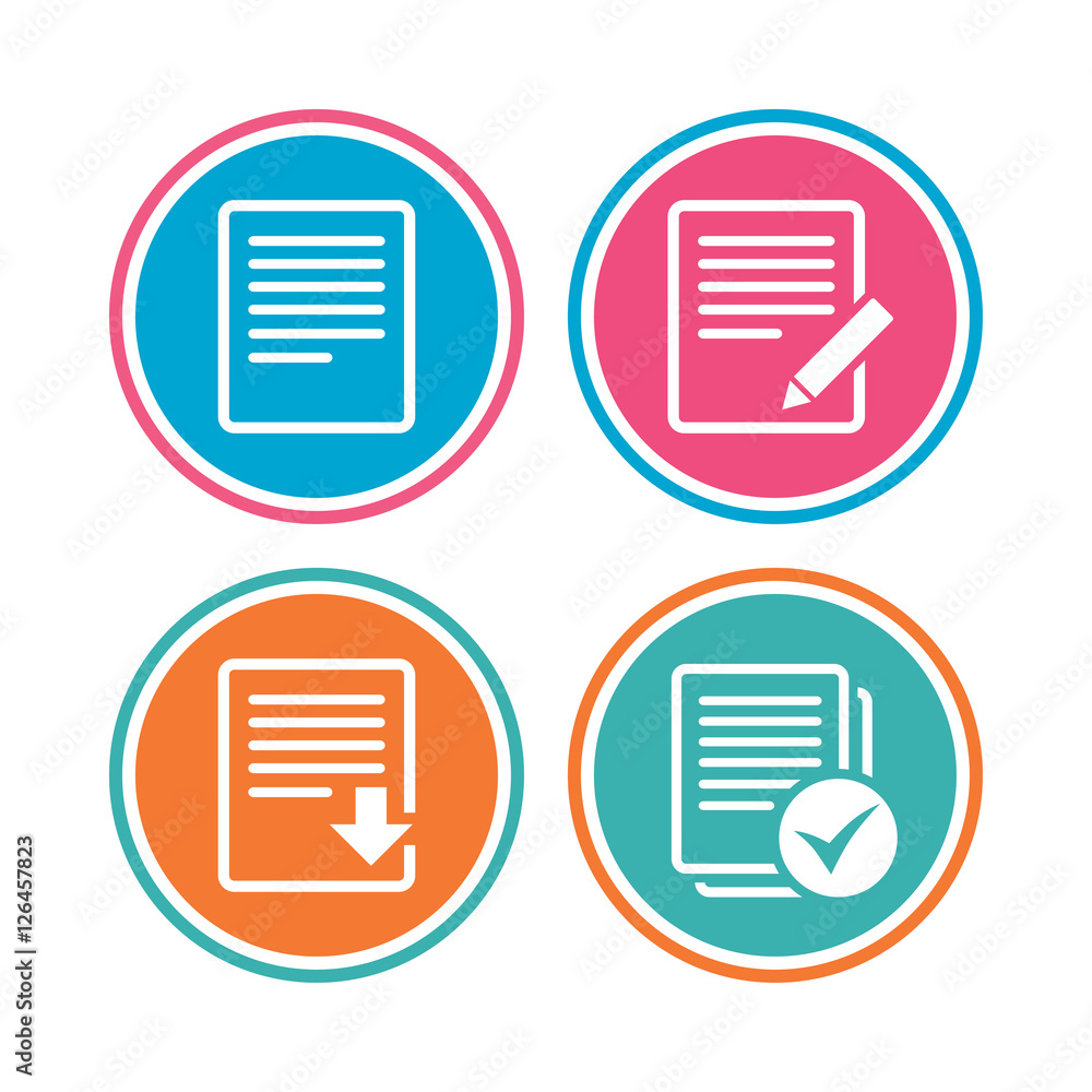 File document icons. Download file symbol. Edit content with pencil sign. Select file with checkbox. Colored circle buttons. Vector File document icons. Download file symbol. Edit content with pencil sign. Select file with checkbox. Colored circle buttons. Vector